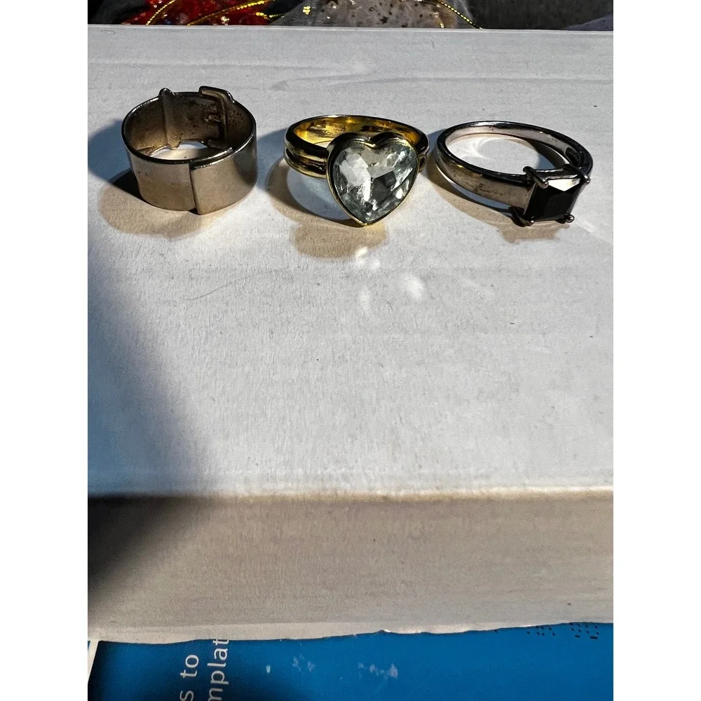 3pc Ring Set Size 5 Silver Gold Heart Buckle Black Stone Y2K Eclectic